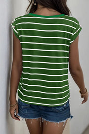 Green and white striped tee with cap sleeves and button detail on shoulder.
