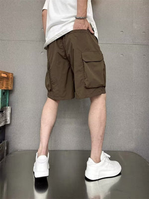 Men's caramel lightweight multi-pocket cargo shorts with adjustable waist.