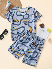 Toddler boys' light blue construction vehicle print pajama set with short sleeves and shorts.
