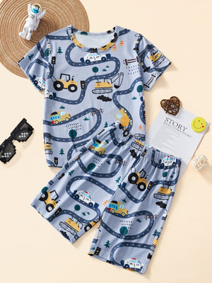 Toddler boys' light blue construction vehicle print pajama set with short sleeves and shorts.