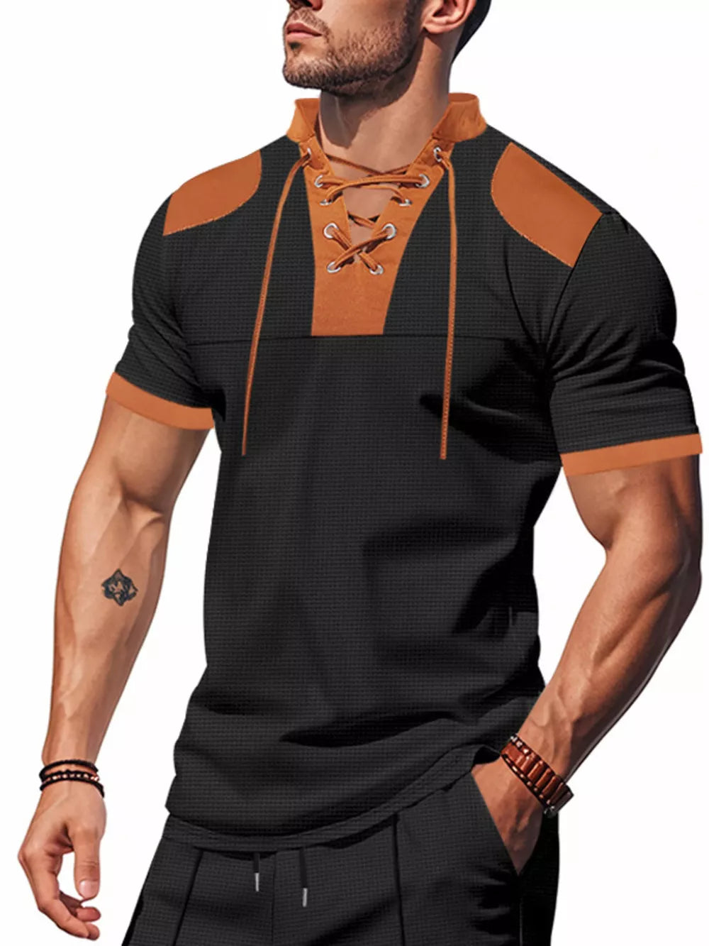 Men's black short sleeve tee with lace-up neckline and tan accents.