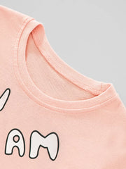 Pink cotton baby t-shirt with crew neck and graphic text detail
