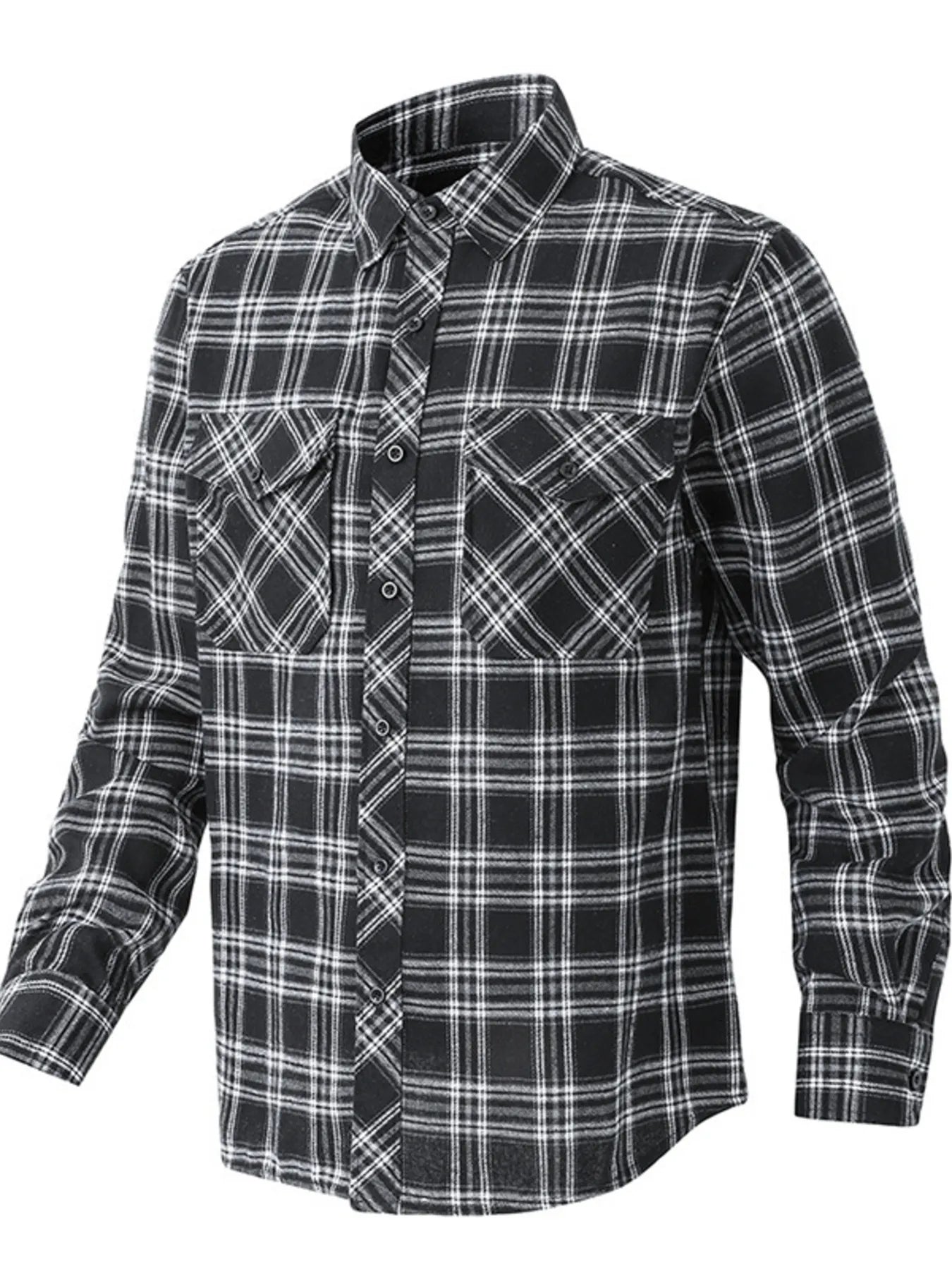 Men's black plaid button-up shirt with two chest pockets.