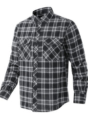 Men's black plaid button-up shirt with two chest pockets.