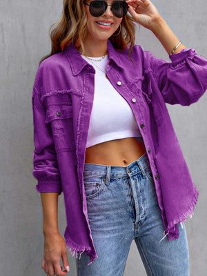 Purple distressed denim shacket with frayed hem and cuffs, button front, and chest pockets.