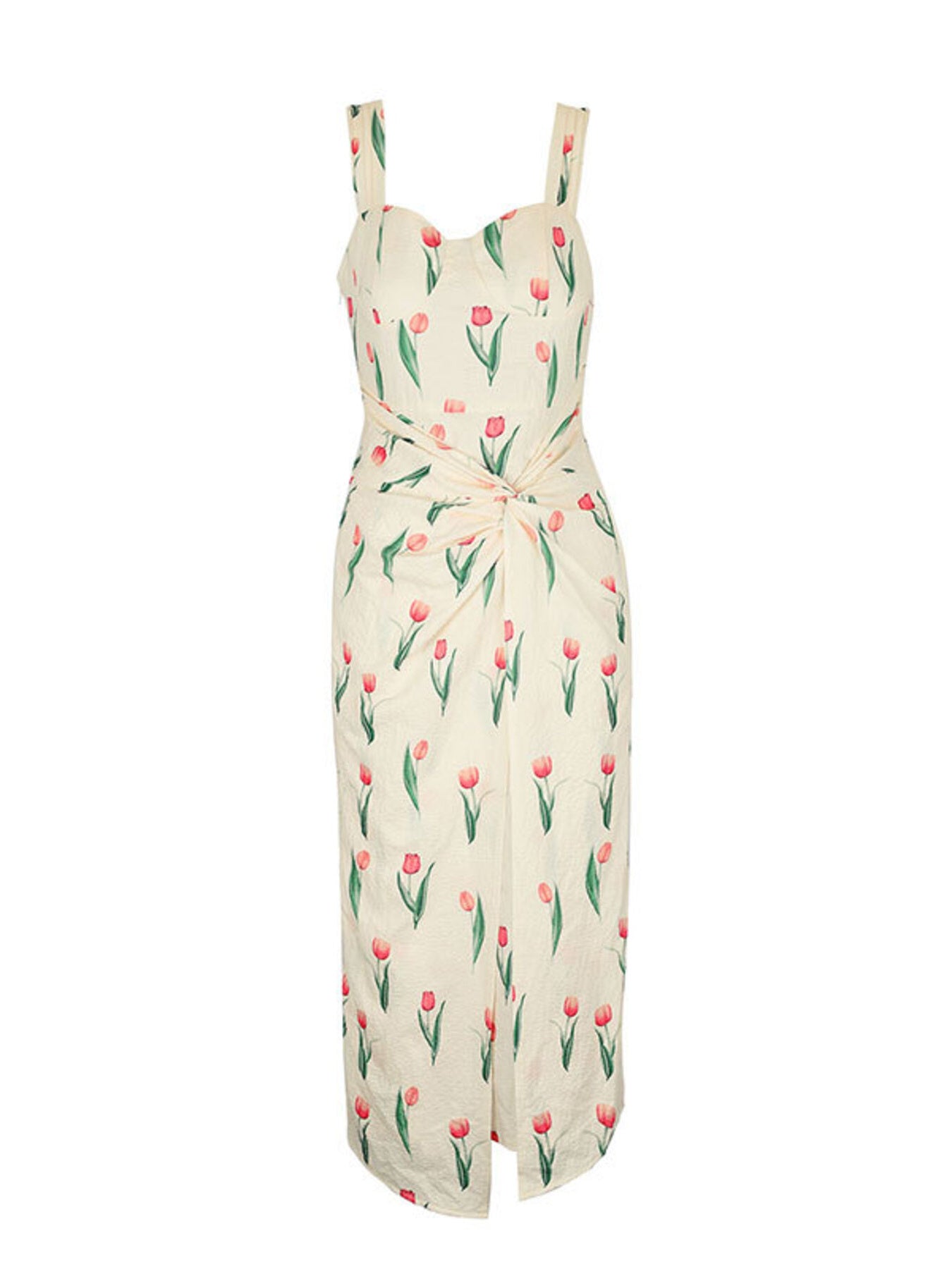 Cream tulip print midi dress with twist front and sweetheart neckline.