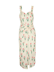 Cream tulip print midi dress with twist front and sweetheart neckline.