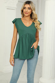 Mid Green ribbed V-neck empire waist blouse with flutter sleeves