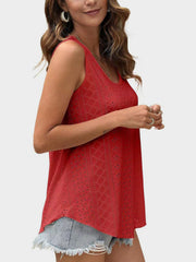 Eyelet scoop-neck trapeze tank top in deep red, breathable fabric.