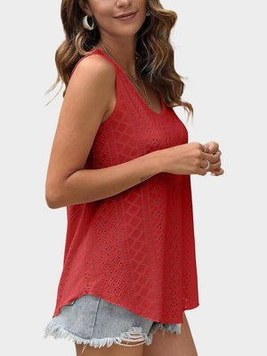 Eyelet scoop-neck trapeze tank top in deep red, breathable fabric.