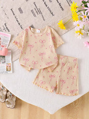 Children's Ribbed Knit Top And Shorts Set in Apricot, close-up detail