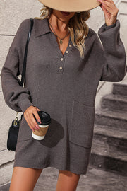 Chocolate ribbed knit polo dress with buttons and pockets, acrylic, casual style