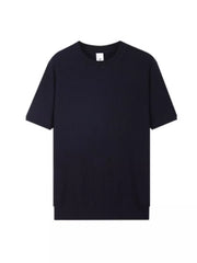 Men's dark blue ribbed knit relaxed fit t-shirt with crew neck and short sleeves.
