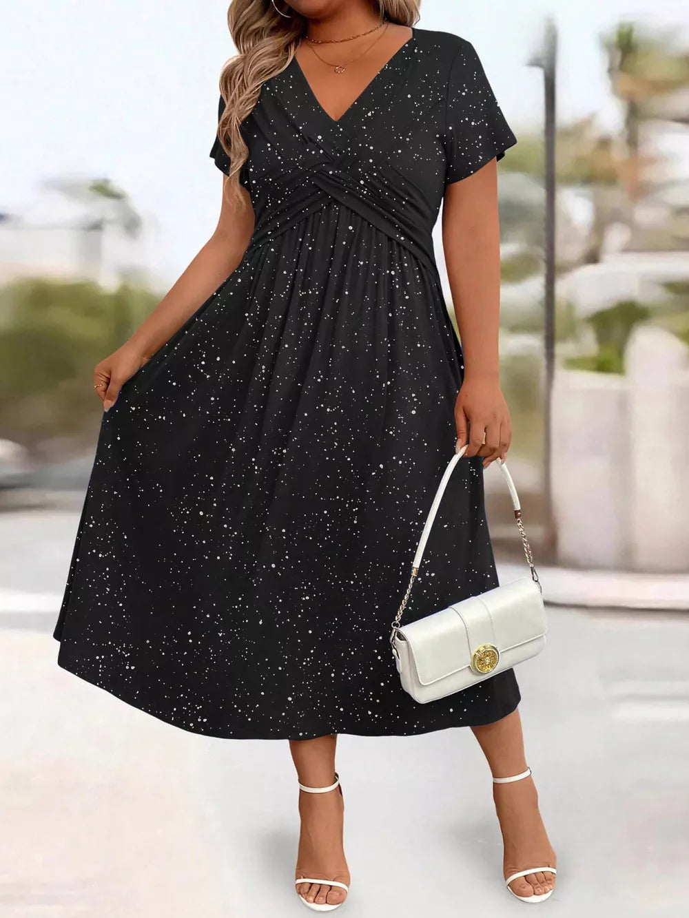 Full Size Glitter Flutter Sleeve Midi Dress Plus Size in Silver Gray, fabric detail