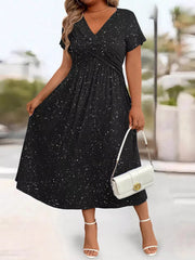 Full Size Glitter Flutter Sleeve Midi Dress Plus Size in Silver Gray, fabric detail