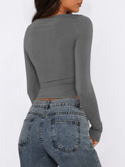 Dark Gray long sleeve ruched top with adjustable side tie detail