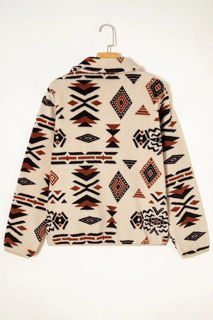 Aztec Print Fleece Snap Down Sweatshirt in Black, fit detail