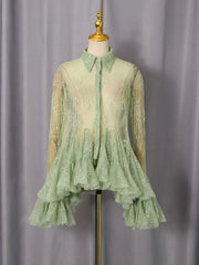 Green floral lace dress with ruffled hem and buttoned front.