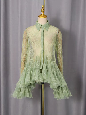 Green floral lace dress with ruffled hem and buttoned front.
