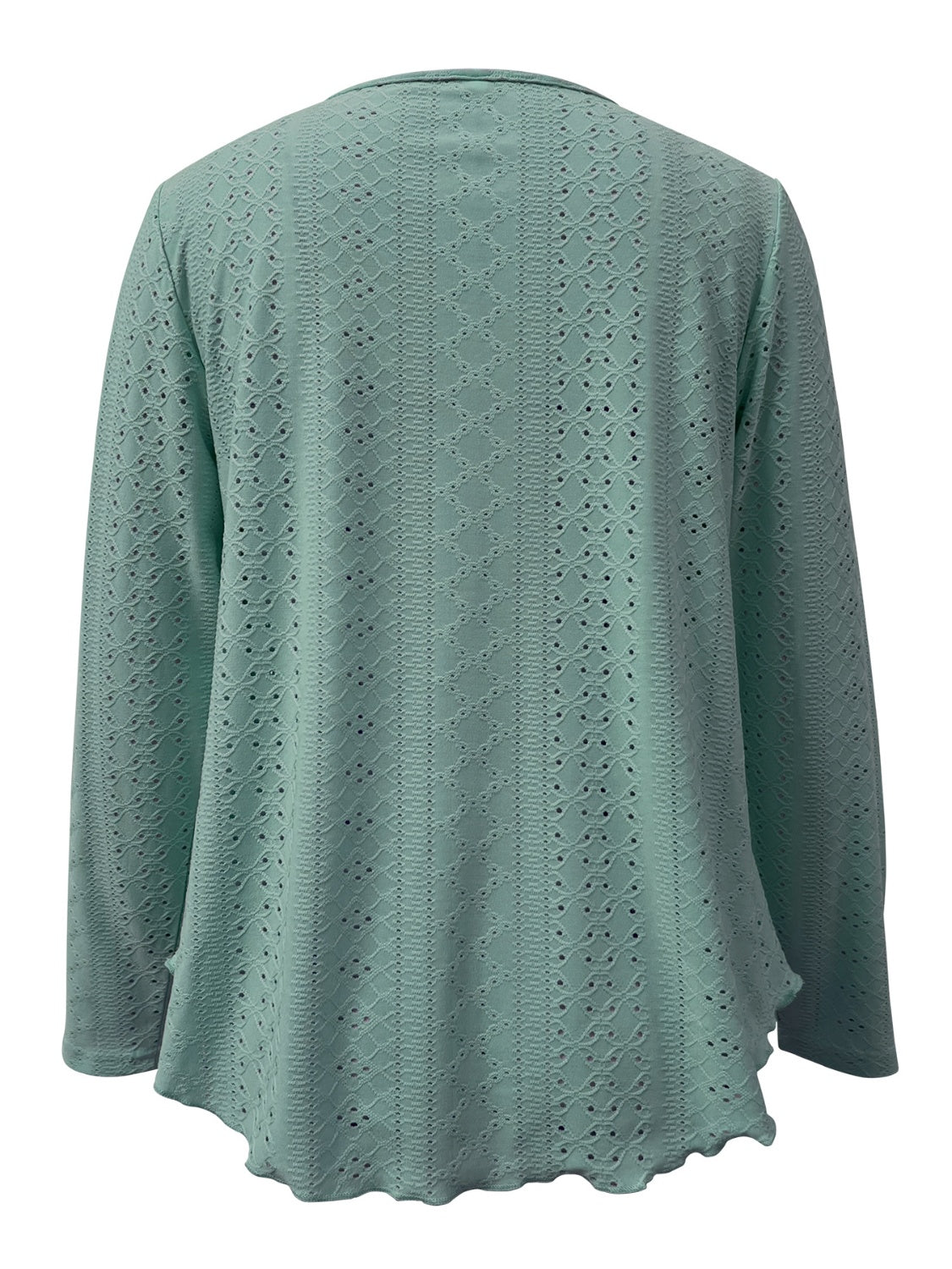 Light blue eyelet blouse with scalloped hem and long sleeves.
