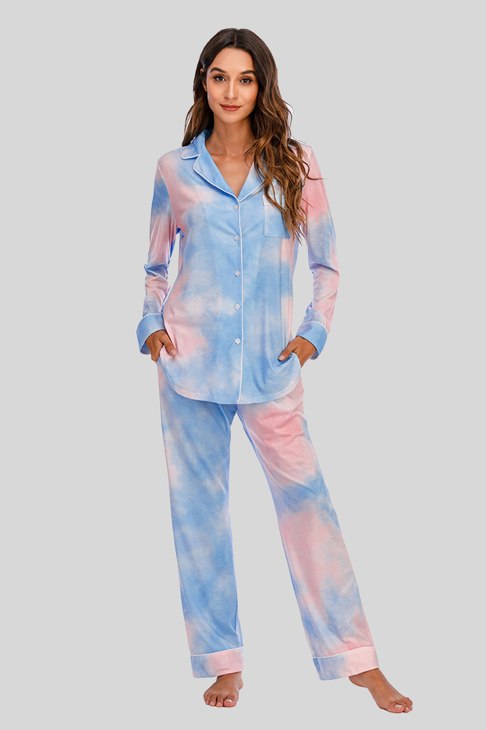 Pajama set with tie-dye print, piped trim, button-up shirt, and pockets.