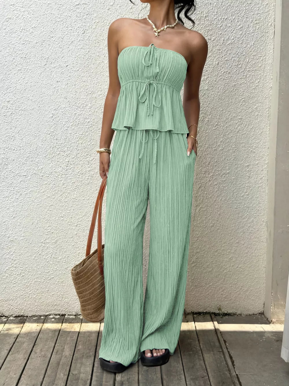 Gum Leaf pleated tube top outfit set with tie detail and wide-leg pants
