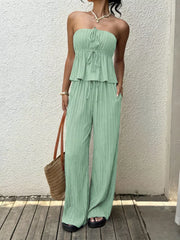 Gum Leaf pleated tube top outfit set with tie detail and wide-leg pants