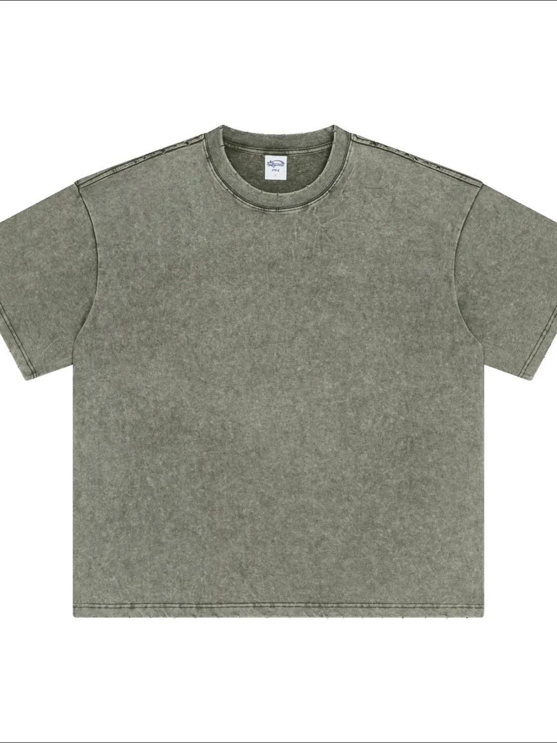 Sage green mineral wash half-sleeve crewneck tee with raw hem detail