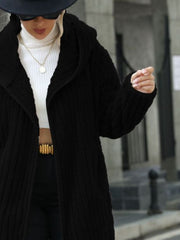 Black textured teddy hooded open coat with a cozy knit.