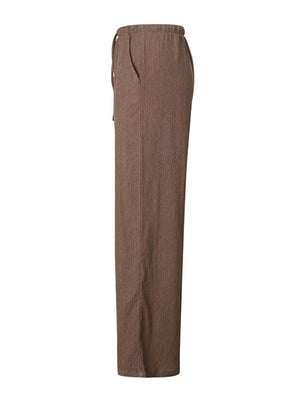 Brown crinkled wide-leg pants with drawstring and pockets