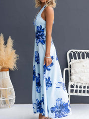 Light blue floral halter neck maxi dress with a-line cut.