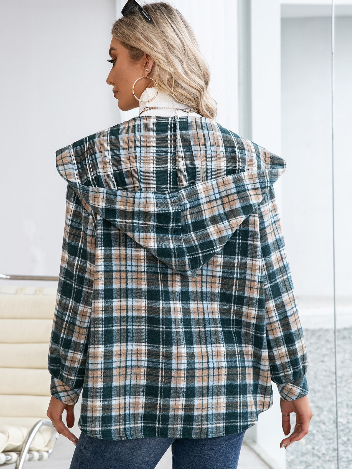 Oversized plaid hooded shacket in deep teal with snap closure, shown from the back.