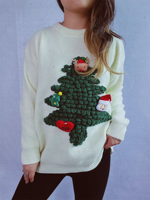 White acrylic knit sweater with a 3D Christmas tree applique, reindeer, snowman, and heart detail.