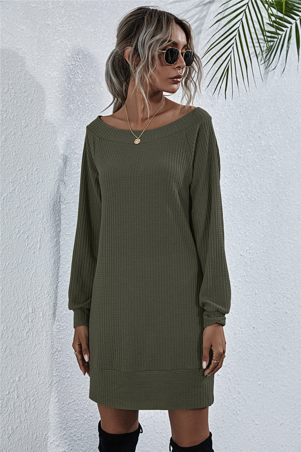 Army green waffle knit mini dress with off-shoulder neckline and long sleeves