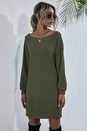 Army green waffle knit mini dress with off-shoulder neckline and long sleeves