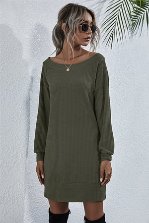 Army green waffle knit mini dress with off-shoulder neckline and long sleeves