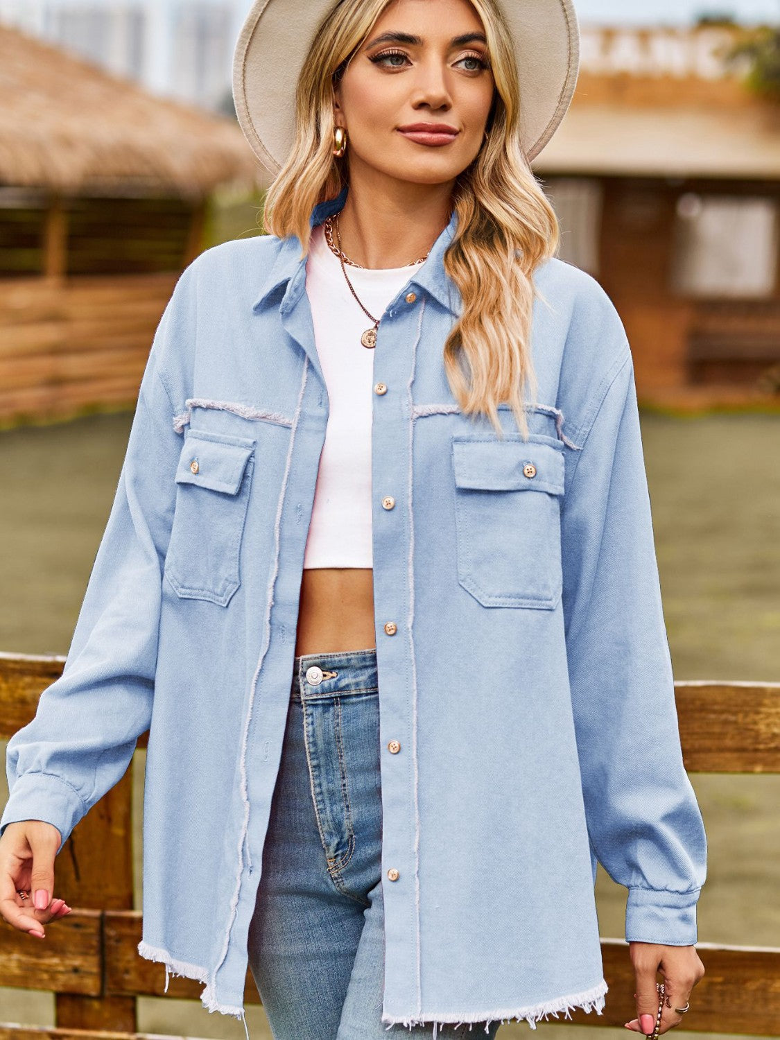 Misty Blue overshirt with frayed edges and patch pockets, button front, long sleeves.