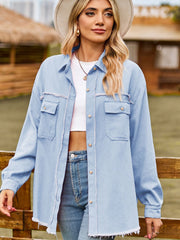 Misty Blue overshirt with frayed edges and patch pockets, button front, long sleeves.