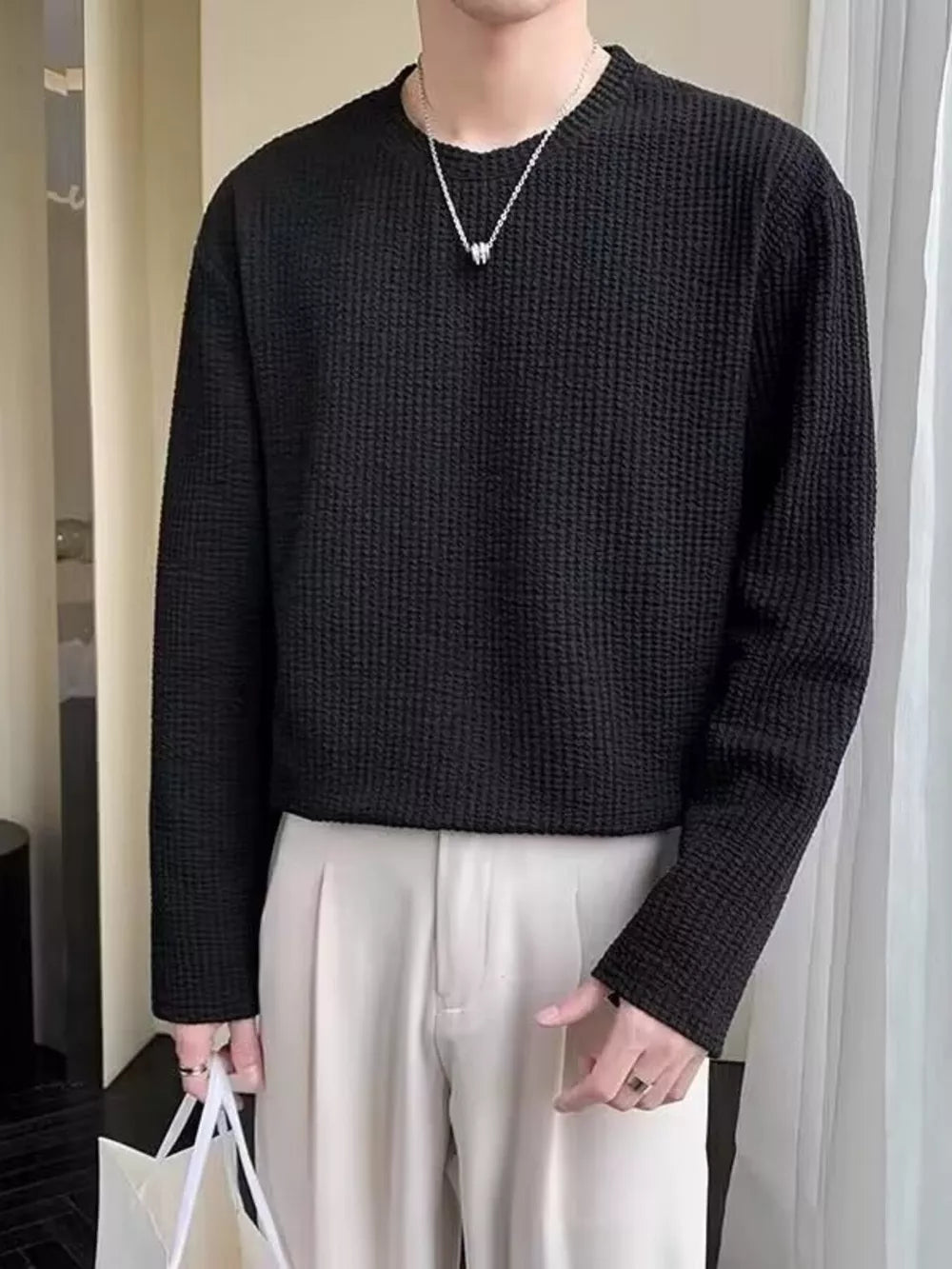 Men's Plus Size Textured Knit Long Sleeve T-shirt in Black, side view