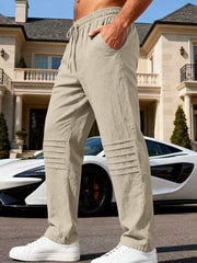 Men's khaki linen-blend drawstring sweatpants with pleated knee detail.
