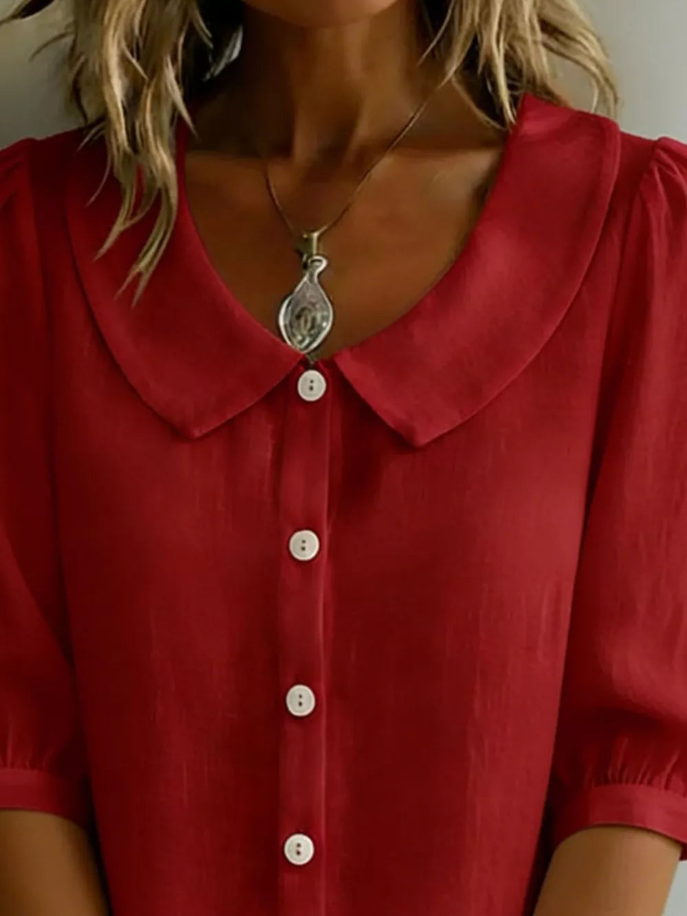 Deep Red button-down shirt with Peter Pan collar and puff sleeves.