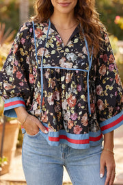 Floral Print Contrast Trim Tie V Neck Blouse in Floral, close-up detail