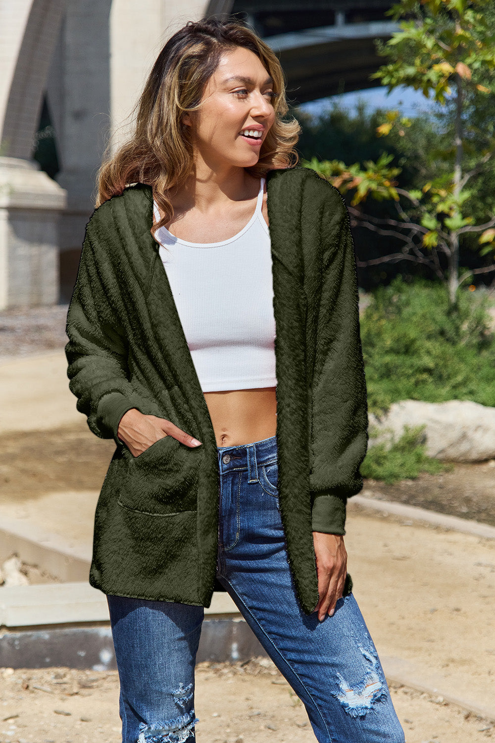 Plush hooded cardigan jacket in Army Green with pockets.