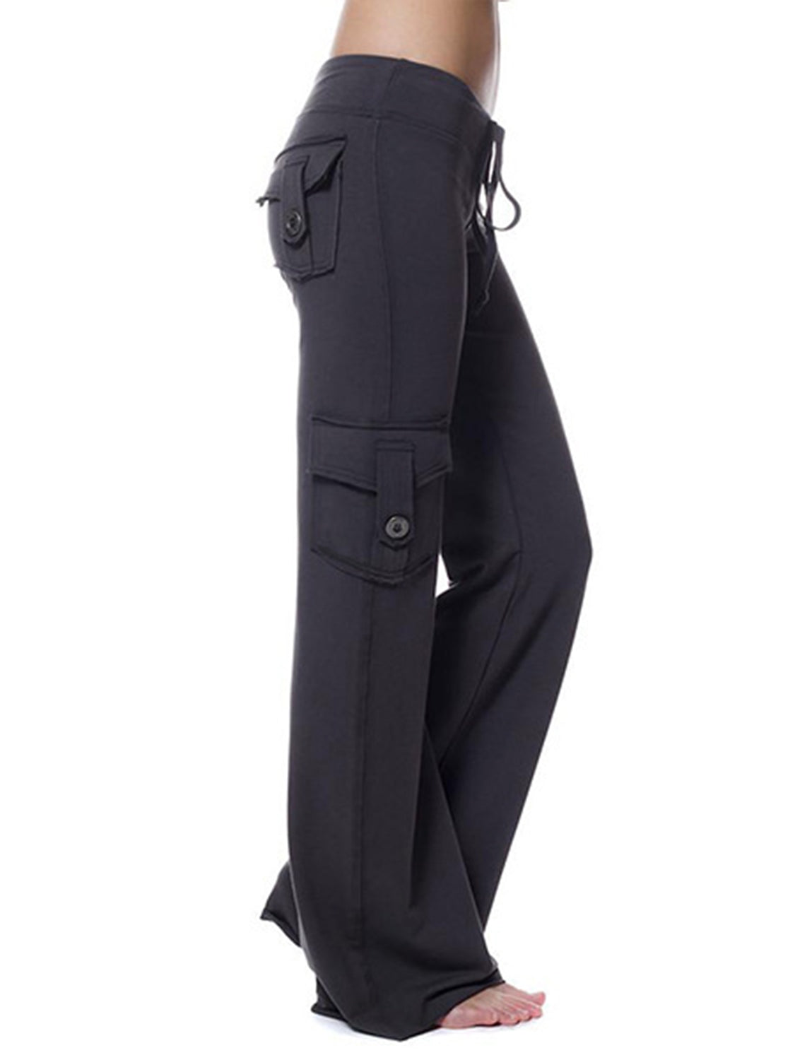 Charcoal cargo-inspired wide-leg drawstring trousers with button-flap pockets.