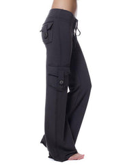 Charcoal cargo-inspired wide-leg drawstring trousers with button-flap pockets.