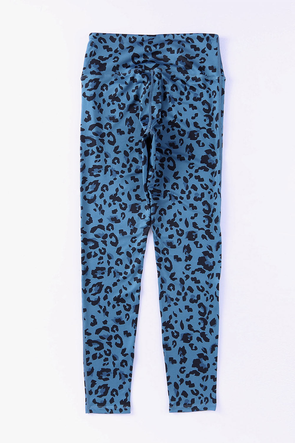 Sky blue performance leggings with black leopard print and a high waist.