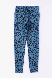 Sky blue performance leggings with black leopard print and a high waist.