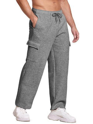 Gray fleece cargo joggers with drawstring waist and side pockets.