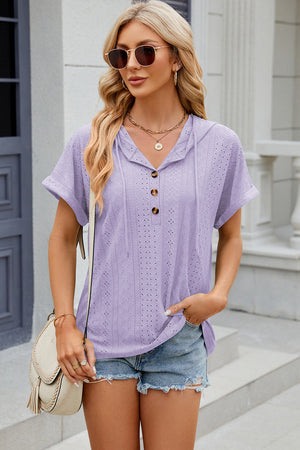 Lavender perforated henley hooded tee with short sleeves and button detail.