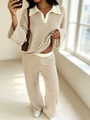 Striped Long Sleeve Polo And Wide-leg Pants Set in Green, view 14